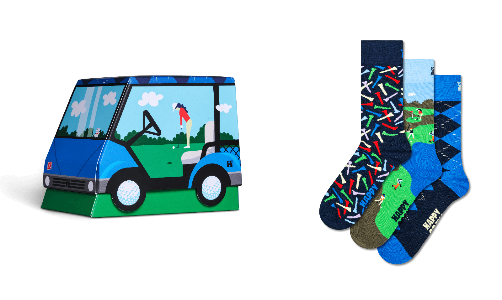A golf-themed product display featuring a blue and green golf cart box on the left and a set of four patterned crew socks on the right, all on a plain white background.