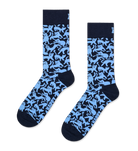 A pair of crew socks featuring a light blue and navy cat pattern, with solid navy cuffs, heels, and toes, displayed against a plain white background.
