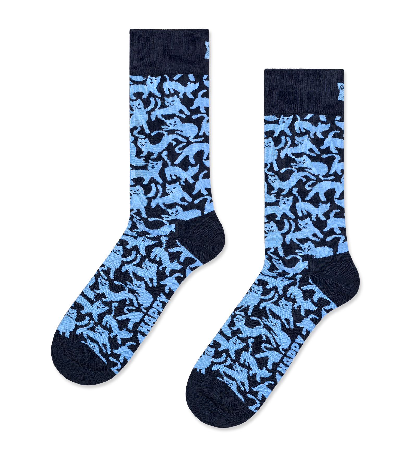 A pair of crew socks featuring a light blue and navy cat pattern, with solid navy cuffs, heels, and toes, displayed against a plain white background.
