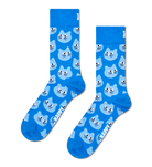 A pair of bright blue crew socks featuring a repeating pattern of light blue cartoon cat faces and the word 'HAPPY' printed near the foot, shown on a plain white background.