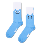 A pair of light blue crew socks with a white cuff, featuring a cartoon cat face design and the word 'HAPPY' printed on the sole.