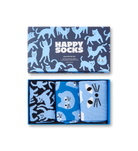 A boxed gift set of three pairs of socks with a blue and navy cat pattern. The top lid shows the brand 'Happy Socks' and the three pairs inside feature different cat-face and cat-pattern designs in shades of blue, navy, and black.