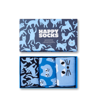 Happy Socks 3-Pack Blue Cats Socks Gift Set