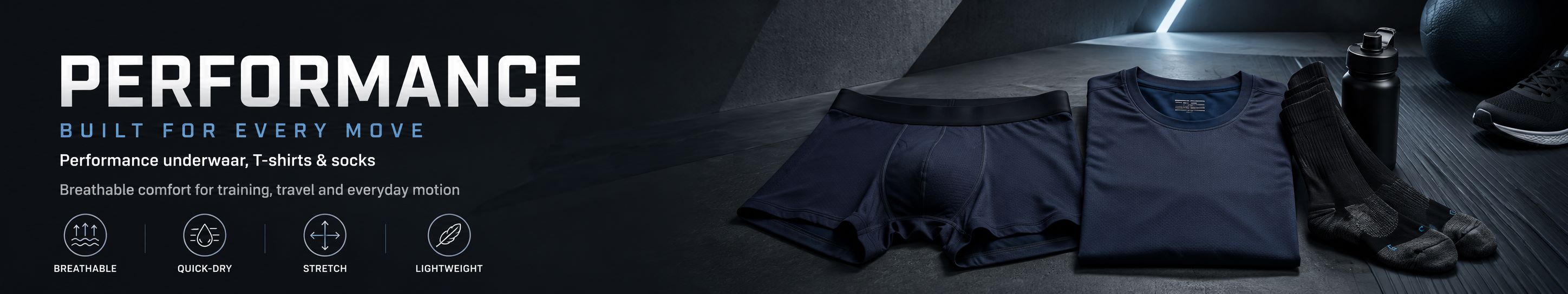 Men’s performance underwear, sports underwear, t-shirts and socks designed for active lifestyles, training and everyday movement