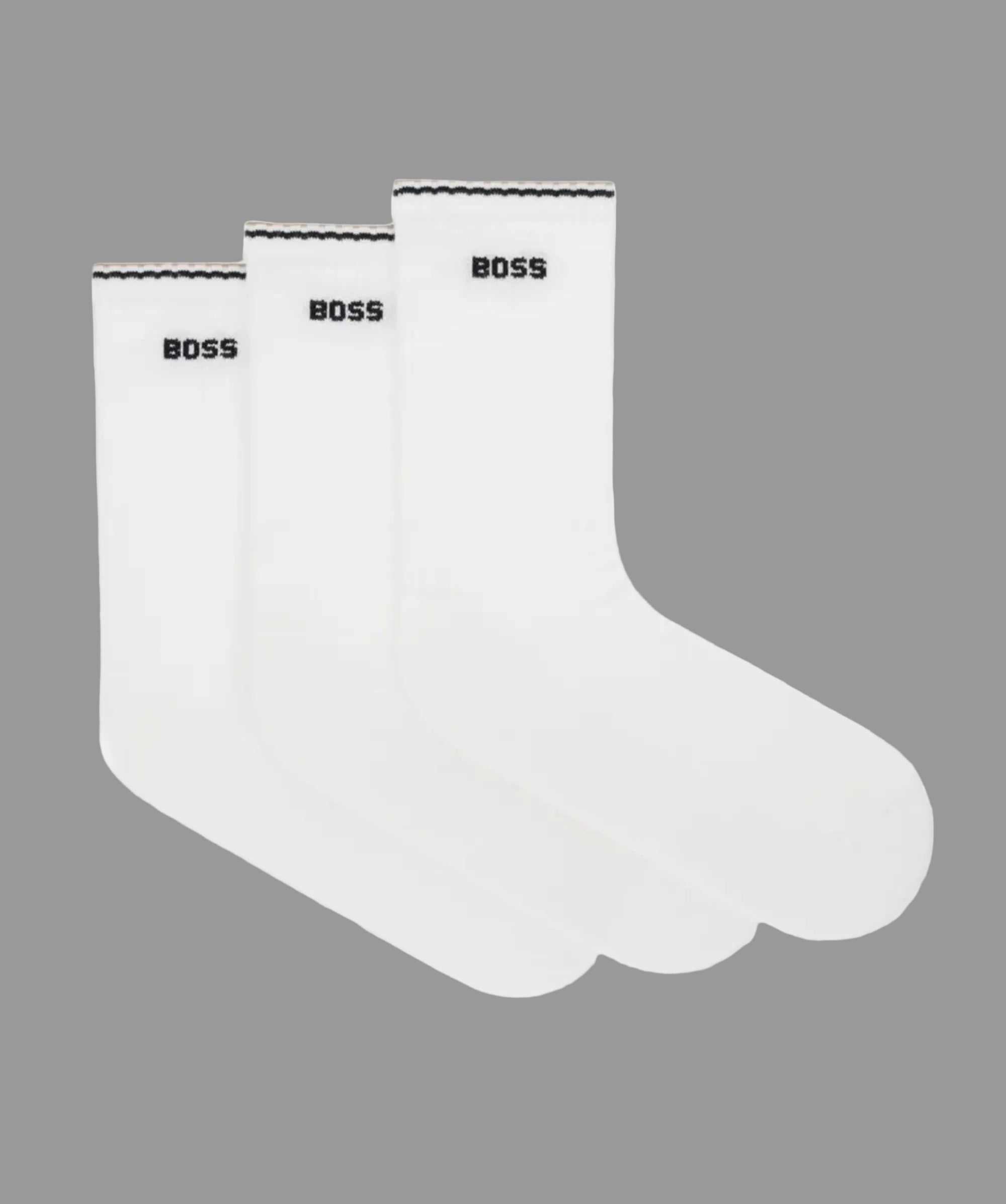 Two white t-shirts with 'BOSS' branding on a light gray background