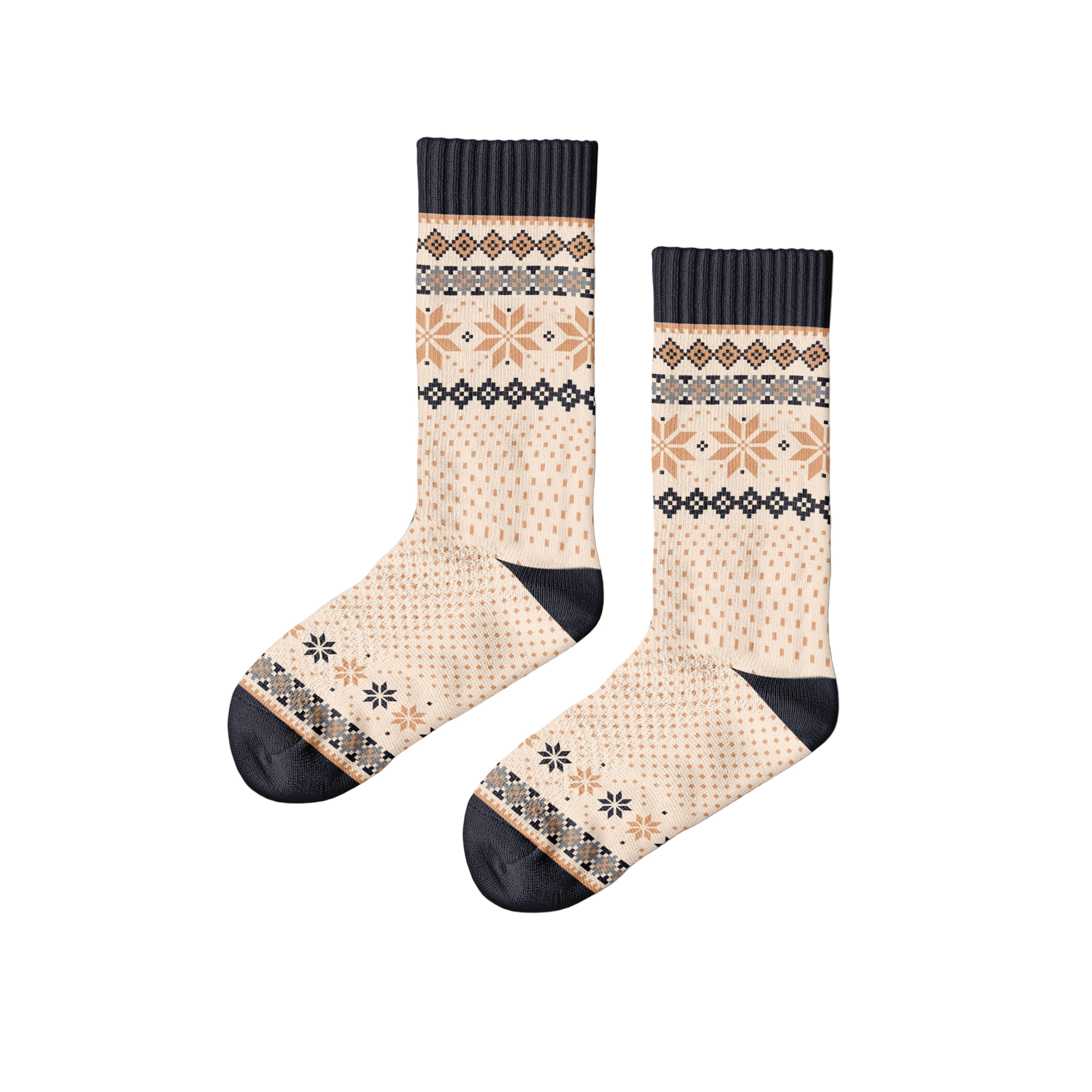 Pair of patterned socks on a wooden surface with 'Polar Star' branding.