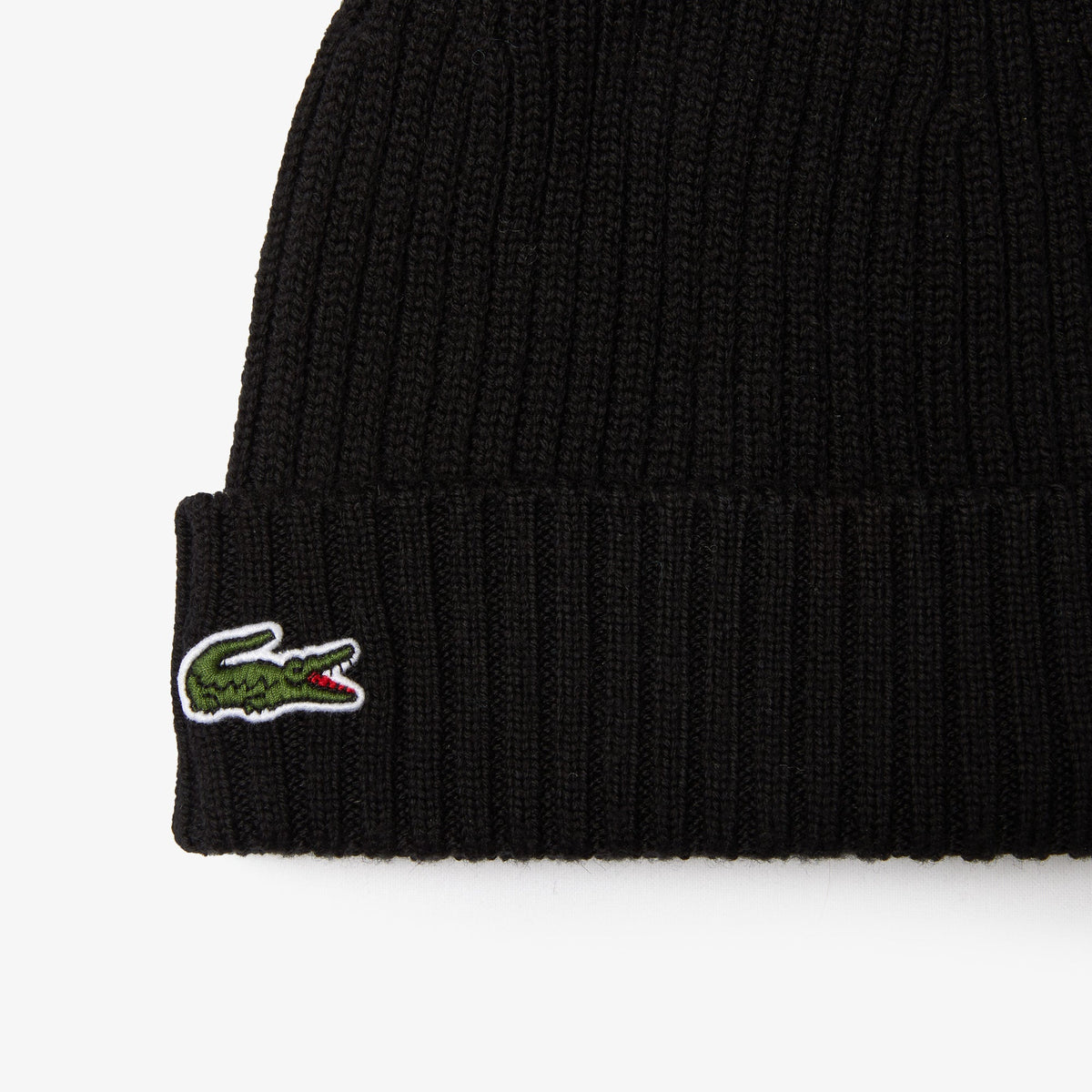 Lacoste black RB0001 winter wool beanie embroidered crocodile close up