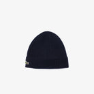 Lacoste RB0001 navy blue brushed wool ribbed beanie front