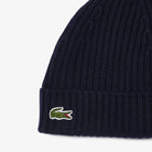 Lacoste navy RB0001 wool beanie logo and rib knit texture