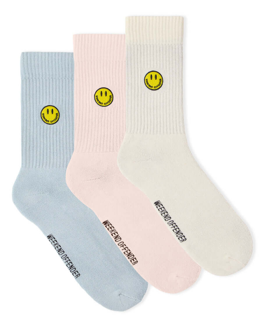 Weekend Offender Smiley 3 Pack Sports Socks Pink/Blue/Cream