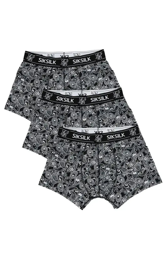 Siksilk Black 3 Pack Paisley Cotton Stretch Boxer - Black Print
