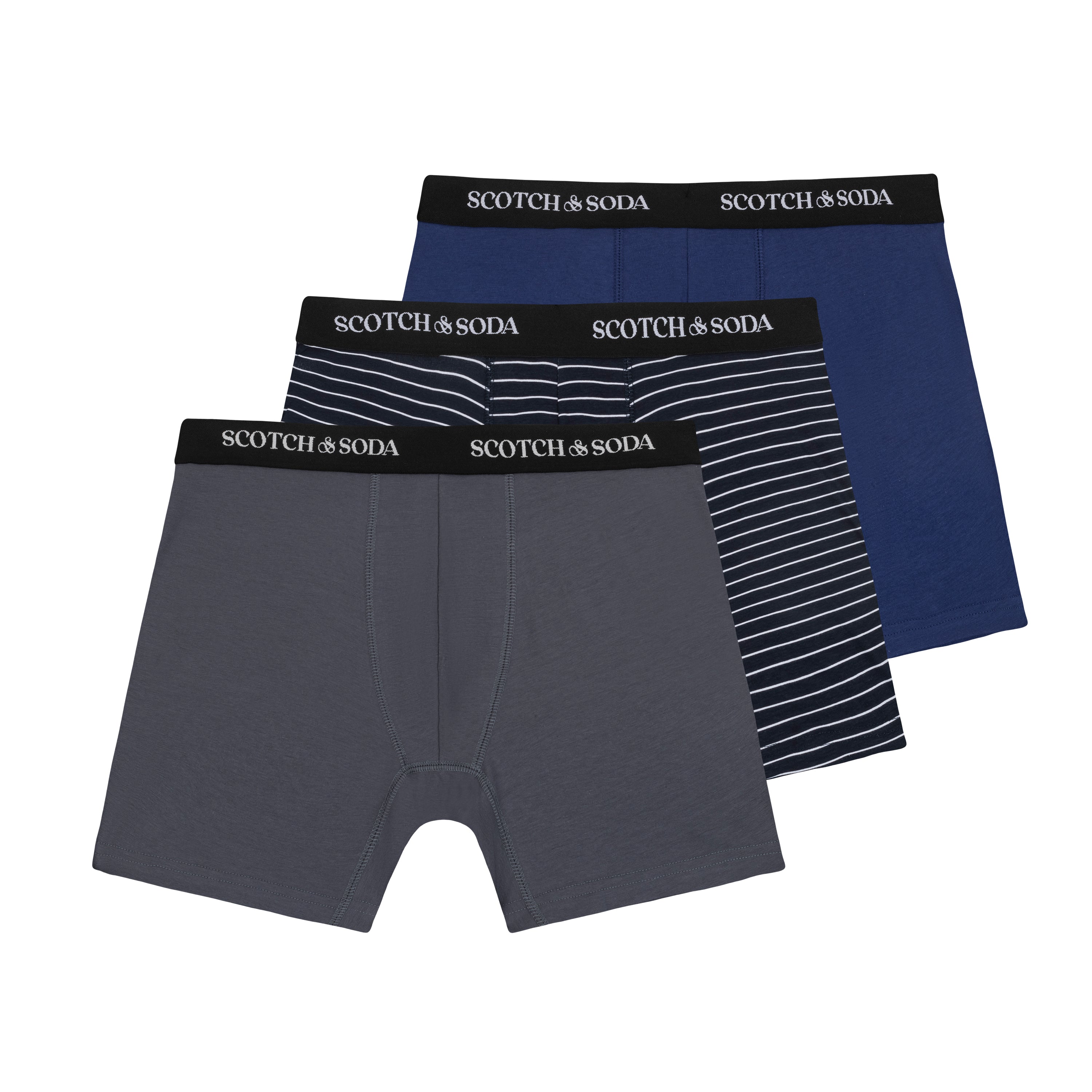 Three pairs of Scotch & Soda boxer briefs in blue, gray, and black with striped waistband on a white background.