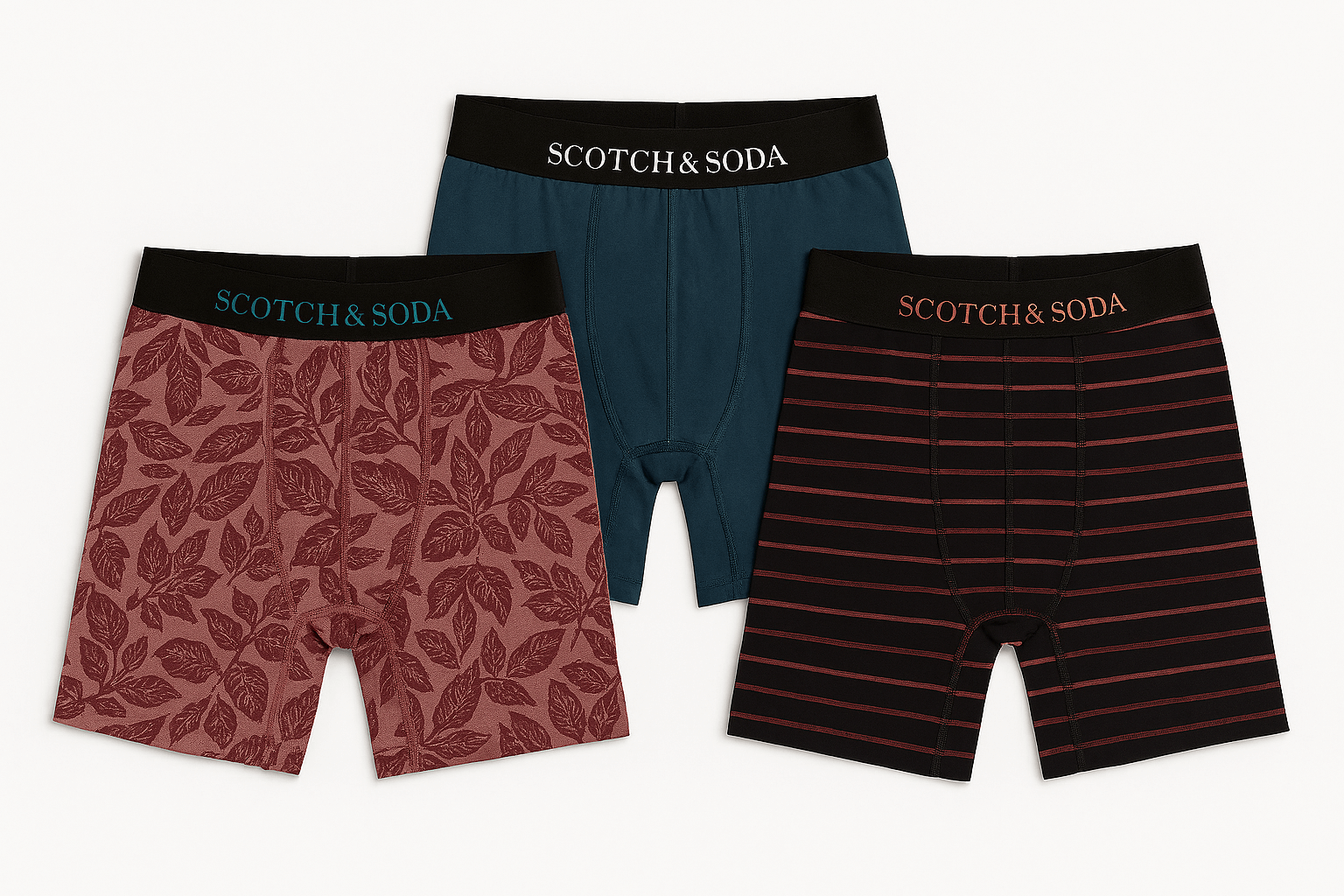 Three pairs of Scotch & Soda boxer briefs in different patterns on a white background.