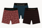 Three pairs of Scotch & Soda boxer briefs in different patterns on a white background.