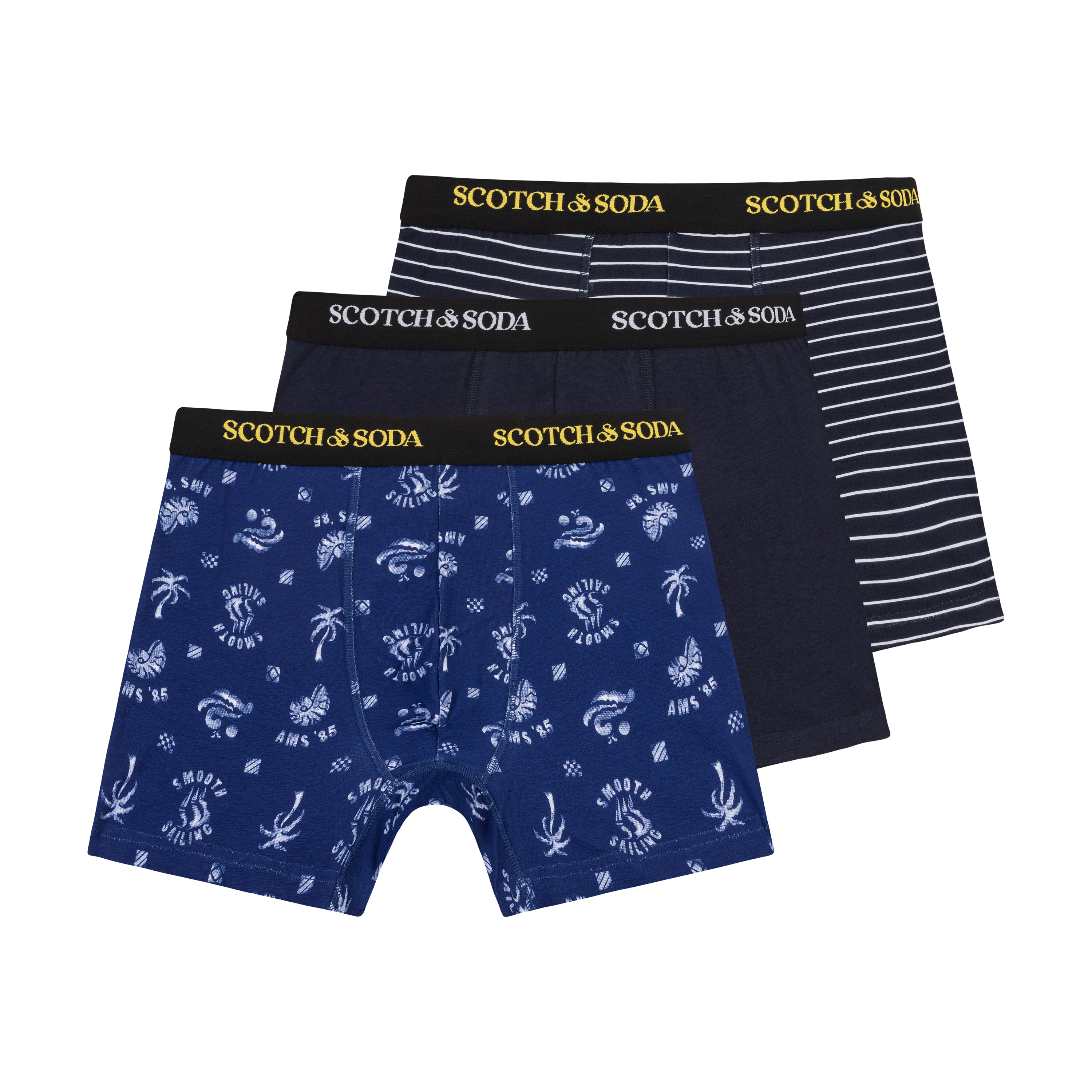Three pairs of Scotch & Soda boxer briefs on a white background