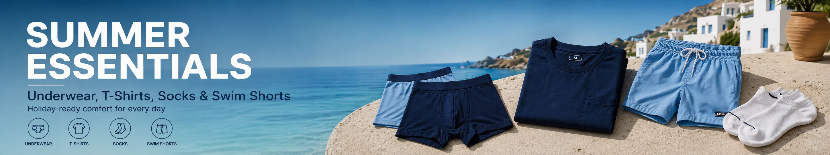 Men’s Summer Essentials -
Refresh your summer wardrobe with designer underwear, colourful T-shirts, invisible socks, ankle socks and swim shorts.