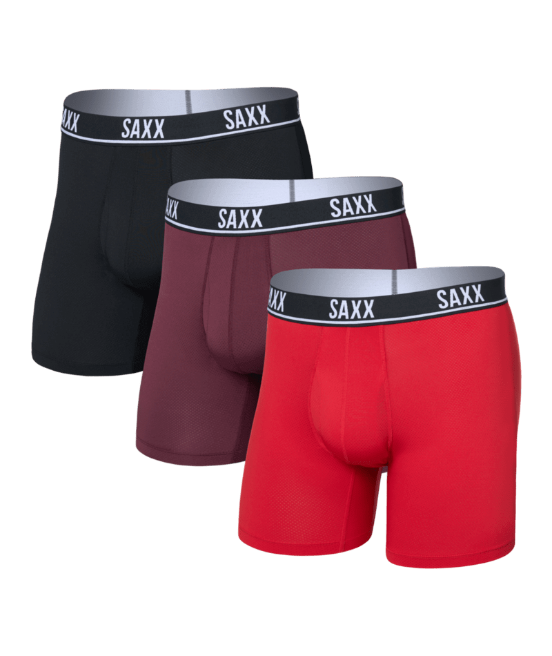 SAXX Essential Performance 3 Pack Boxer Briefs with Fly – Red/Maroon/Black