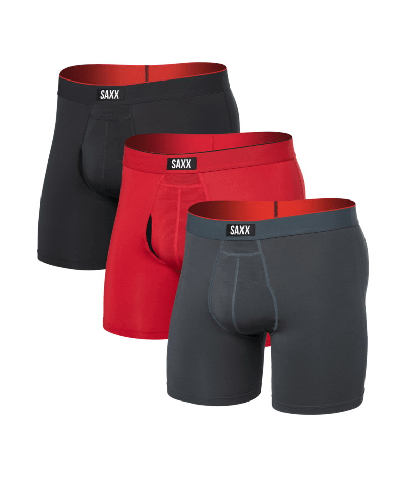 Saxx Multi Sport Performance 3 Pack Mesh Boxer Briefs - Sunset Red/Turbublence/Faded Black