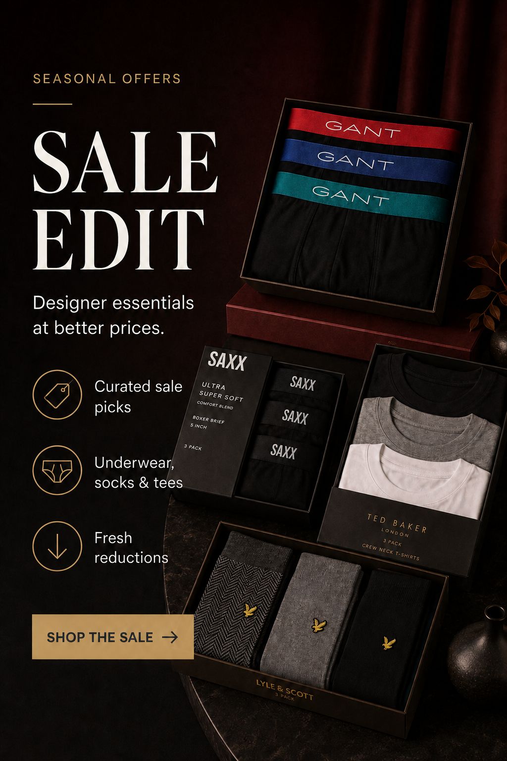 Designer men’s underwear, T-shirts and socks on sale