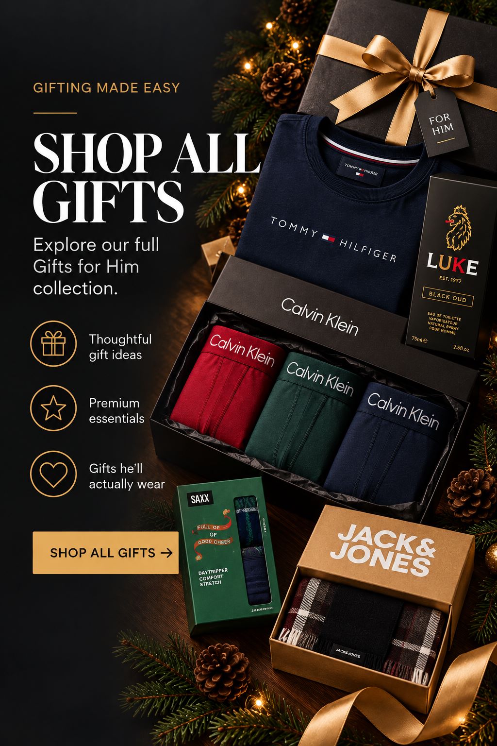 Gifts for him including designer underwear, T-shirts, fragrance and gift sets