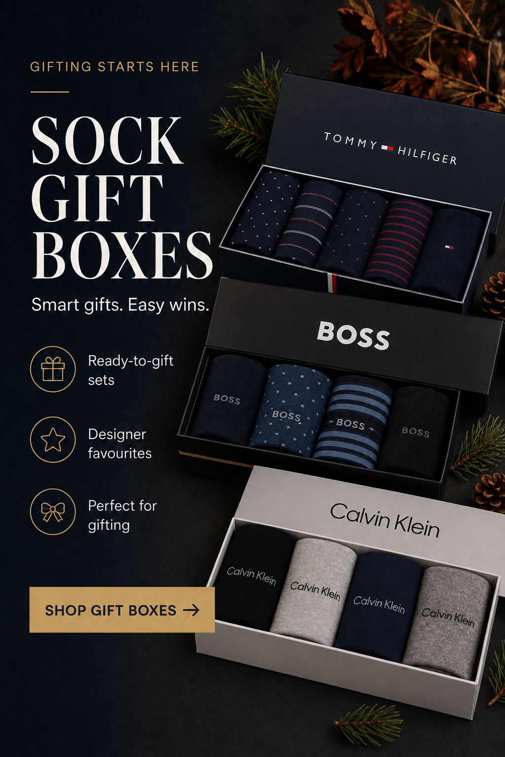 Men’s designer sock gift boxes from Tommy Hilfiger, BOSS and Calvin Klein