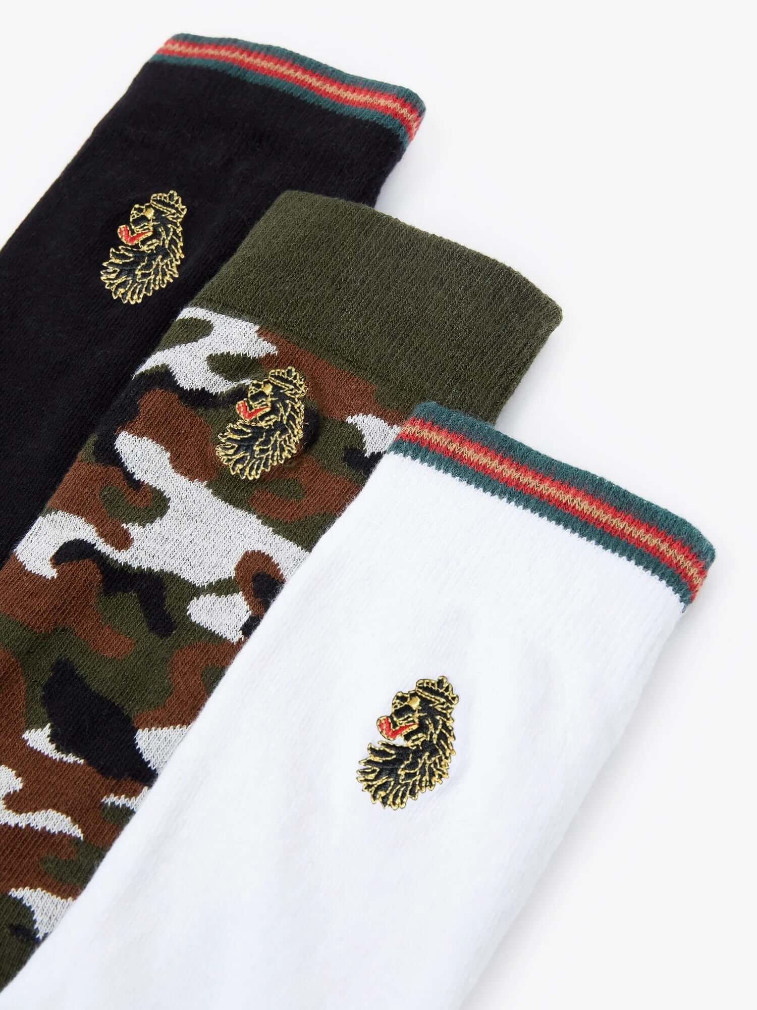 LUKE 3 Pack Tennis Socks – Black, White & Camo Green | Cotton Stretch Sport Socks