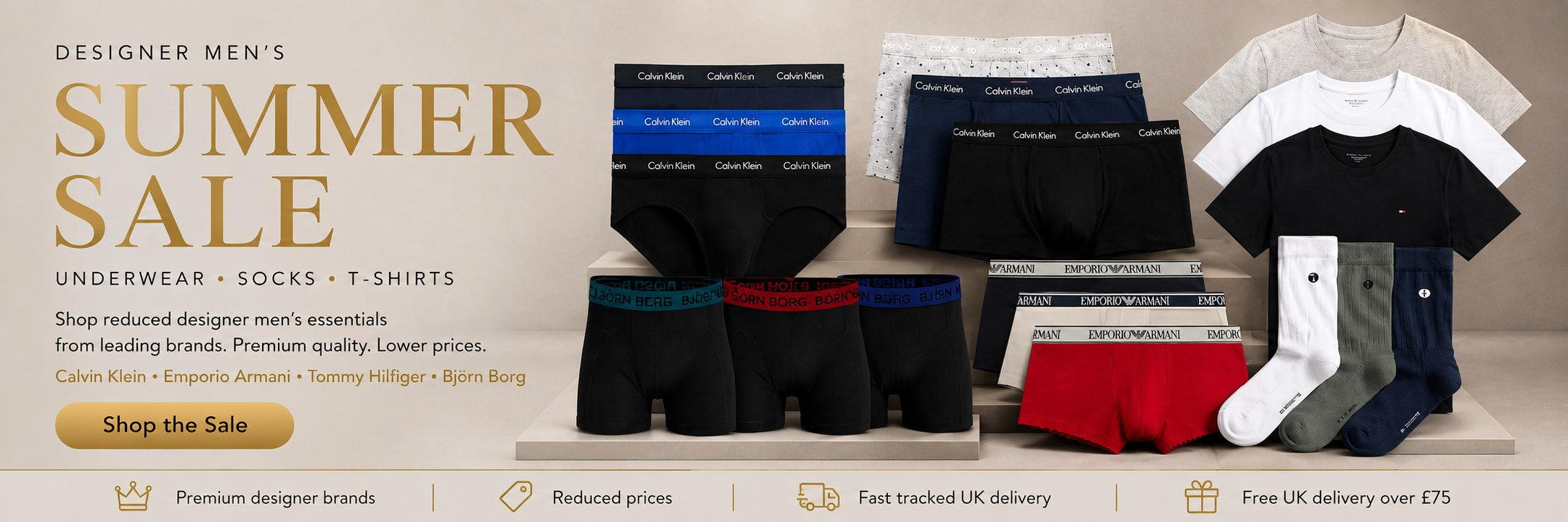 Designer men’s underwear, socks and T-shirts from leading brands at reduced prices
