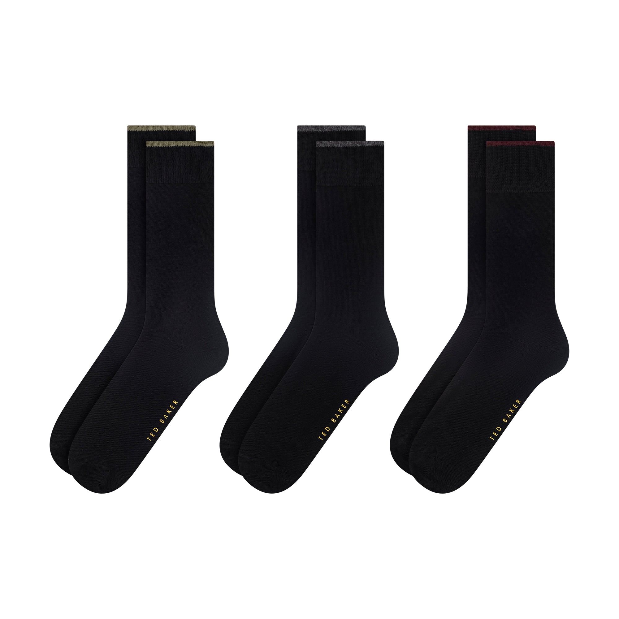 Three black socks with gold accents on a white background
