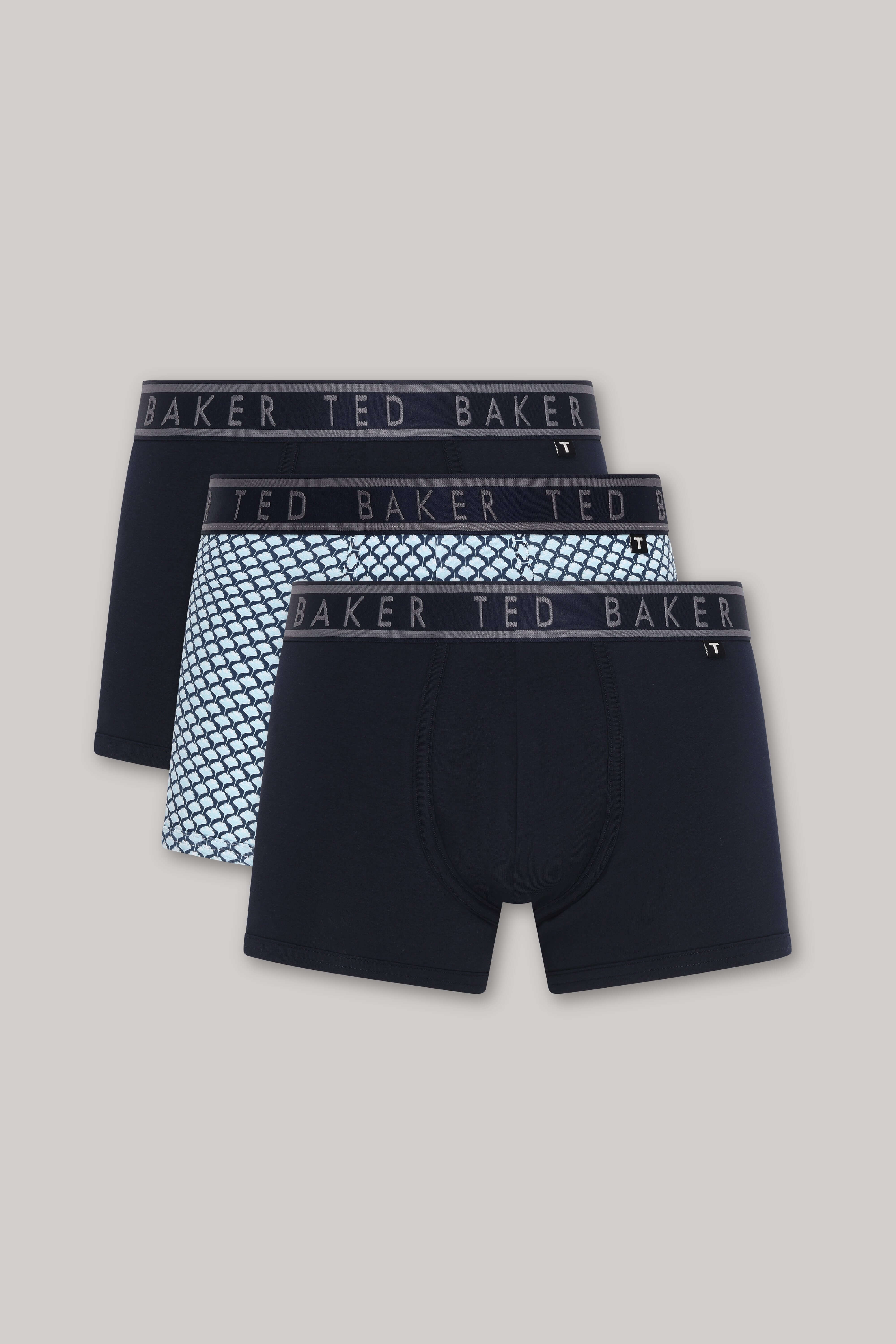 Ted Baker Mens Three Pack Cotton Stretch Trunks - Navy/Ounslo Palm/Geo Blue