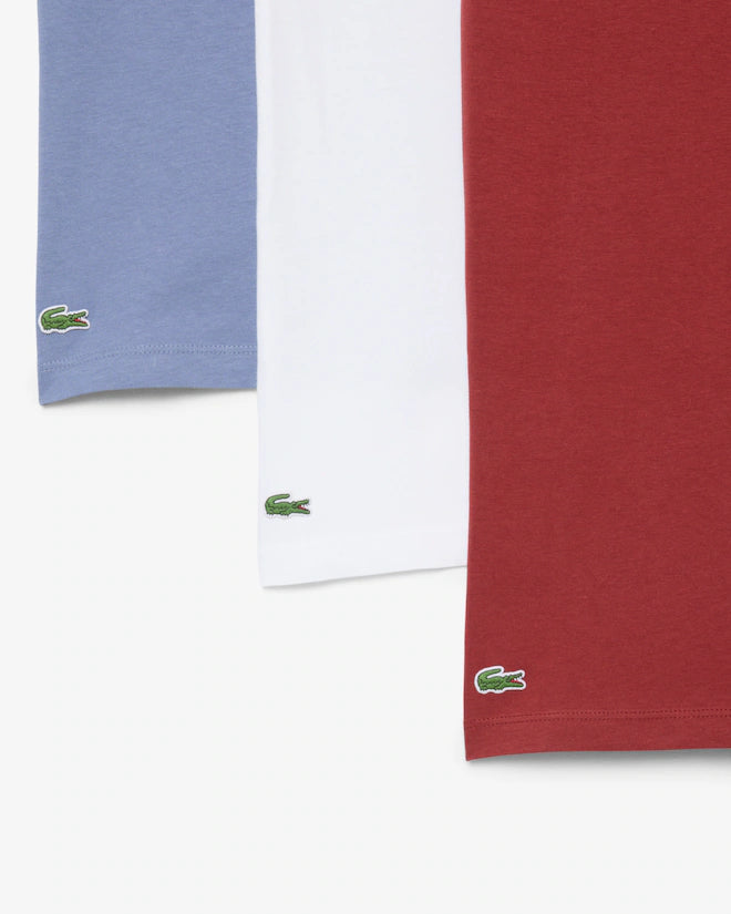 Lacoste TH2273 RFX 3-Pack Slim Fit Cotton Crew Neck T-Shirts – close-up of three cotton T-shirt hems and crocodile embroidery in carmine red, white and blue