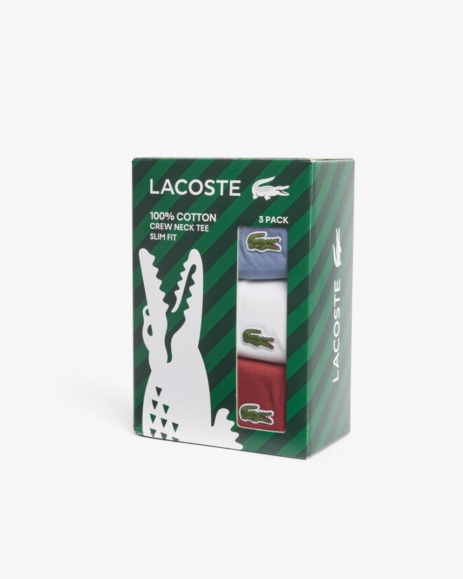 Lacoste TH2273 RFX 3-Pack Slim Fit Cotton Crew Neck T-Shirts – front view of Lacoste green three-pack cotton T-shirt packaging