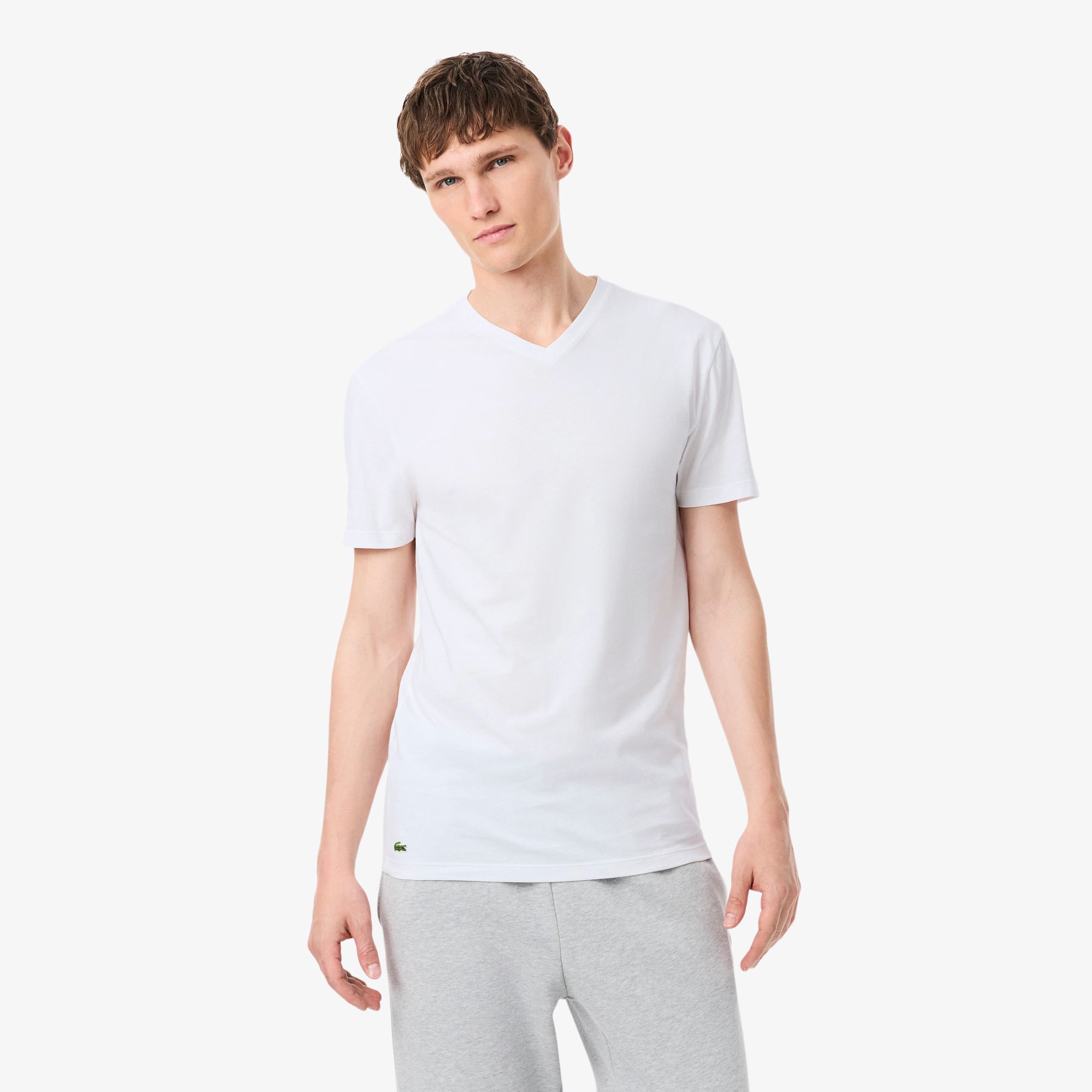 Lacoste TH9008-001 3-Pack Slim Fit V-Neck T-Shirts White - model front