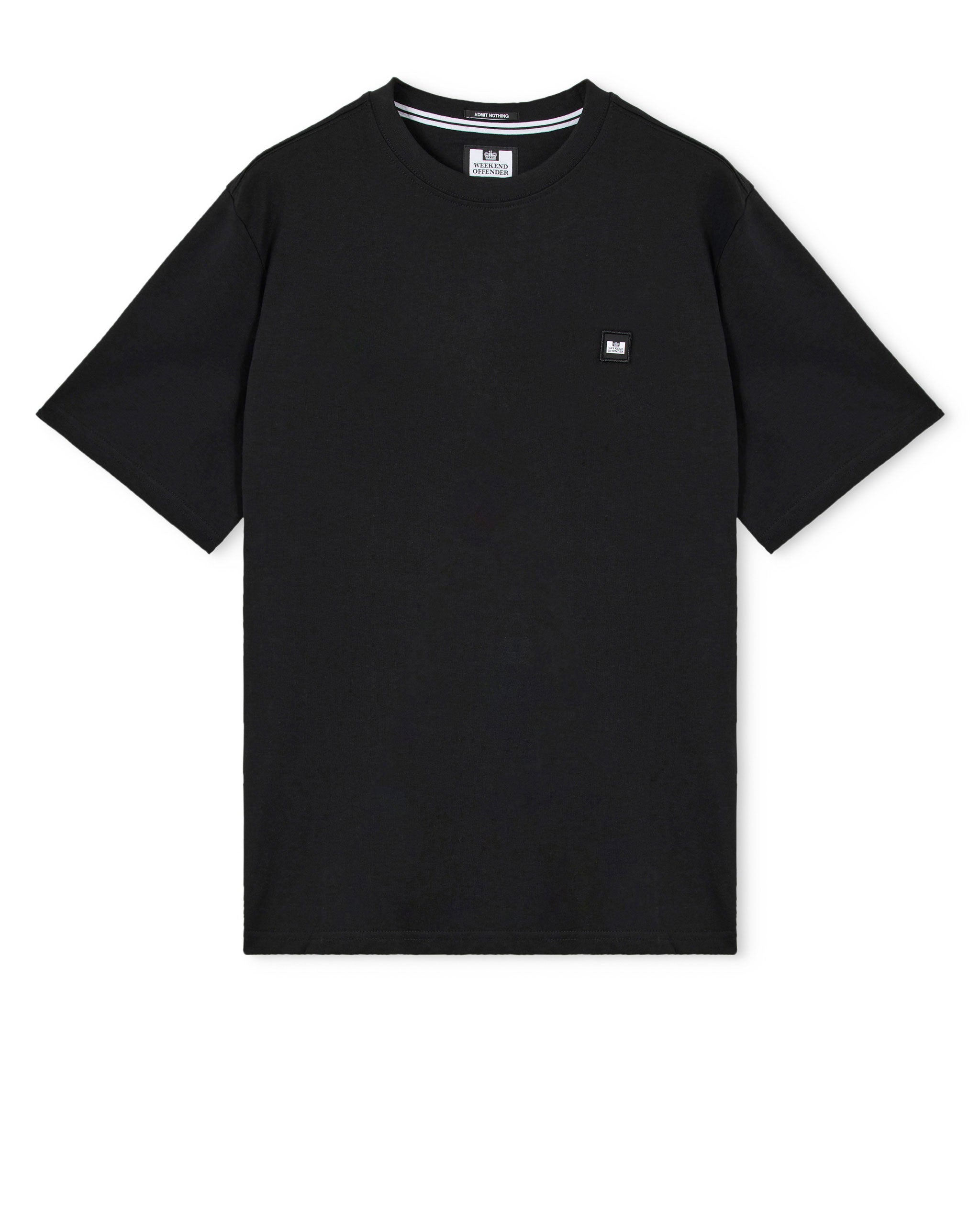 Black t-shirt with a small logo on a white background