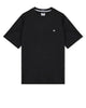 Black t-shirt with a small logo on a white background