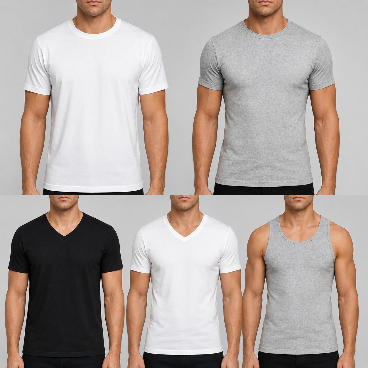 Five different men's shirts displayed on a gray background