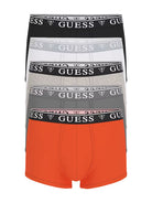 Three pairs of Guess boxer briefs in black, gray, and orange on a white background.