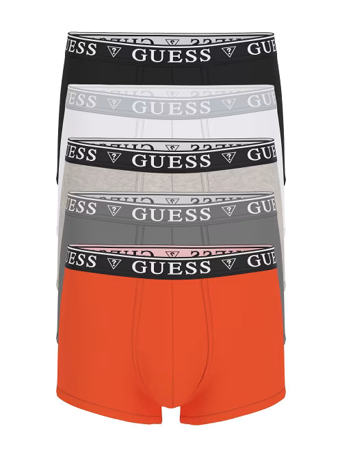 Three pairs of Guess boxer briefs in black, gray, and orange on a white background.