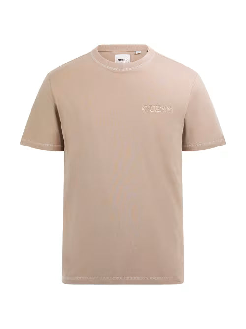 Beige t-shirt with a brand logo on a white background, Guess