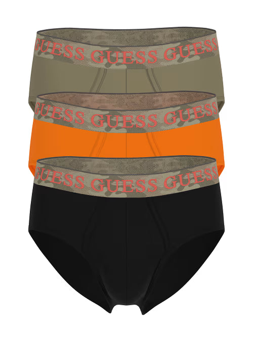 Guess Men’s Briefs 3-Pack – Orange, Black & Olive Cotton Stretch Underwear