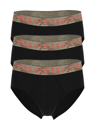 Guess Men’s Cotton Stretch Briefs 3-Pack –  Black with Camo Waistbands