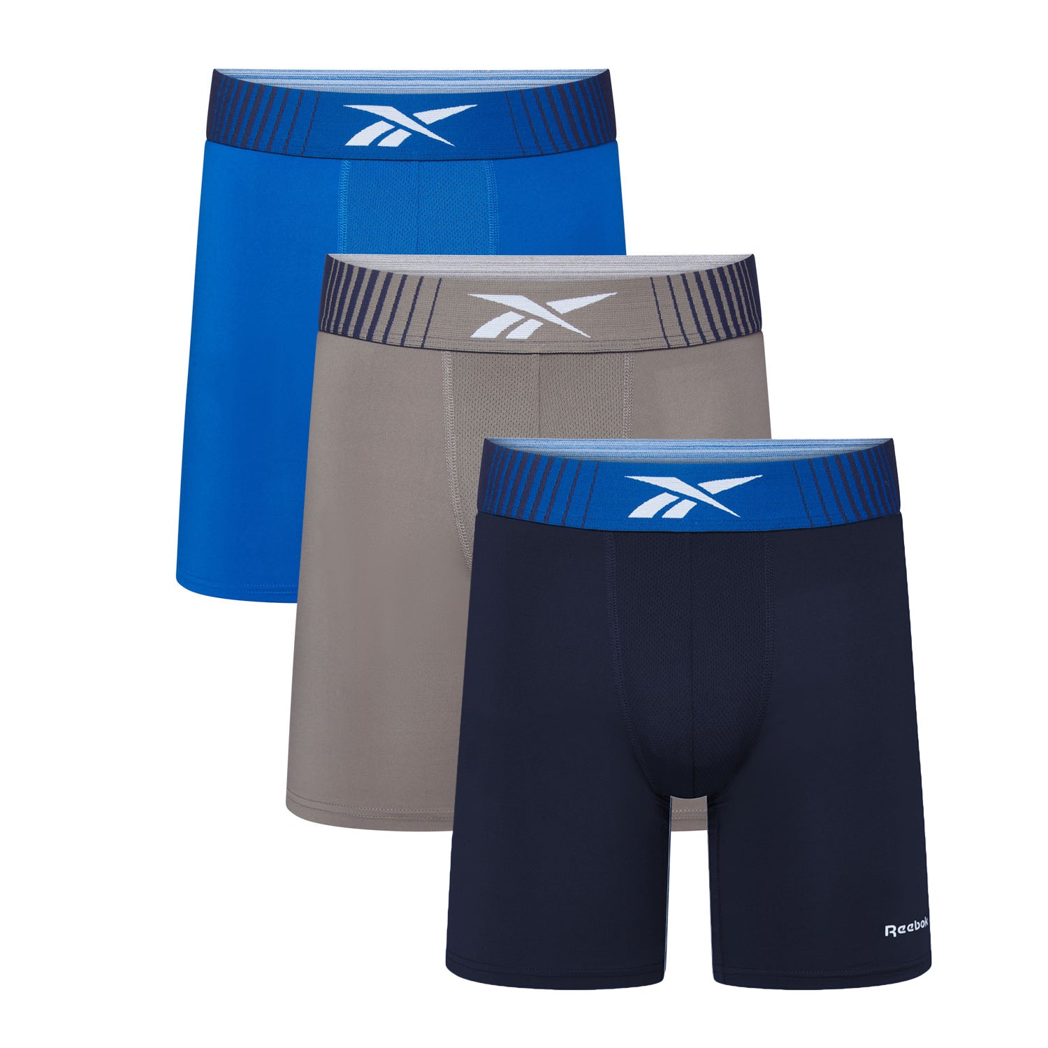 Three pairs of Reebok boxer briefs in blue, gray, and navy on a white background.