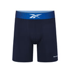 Black athletic shorts with a blue waistband featuring Reebok logo on a white background