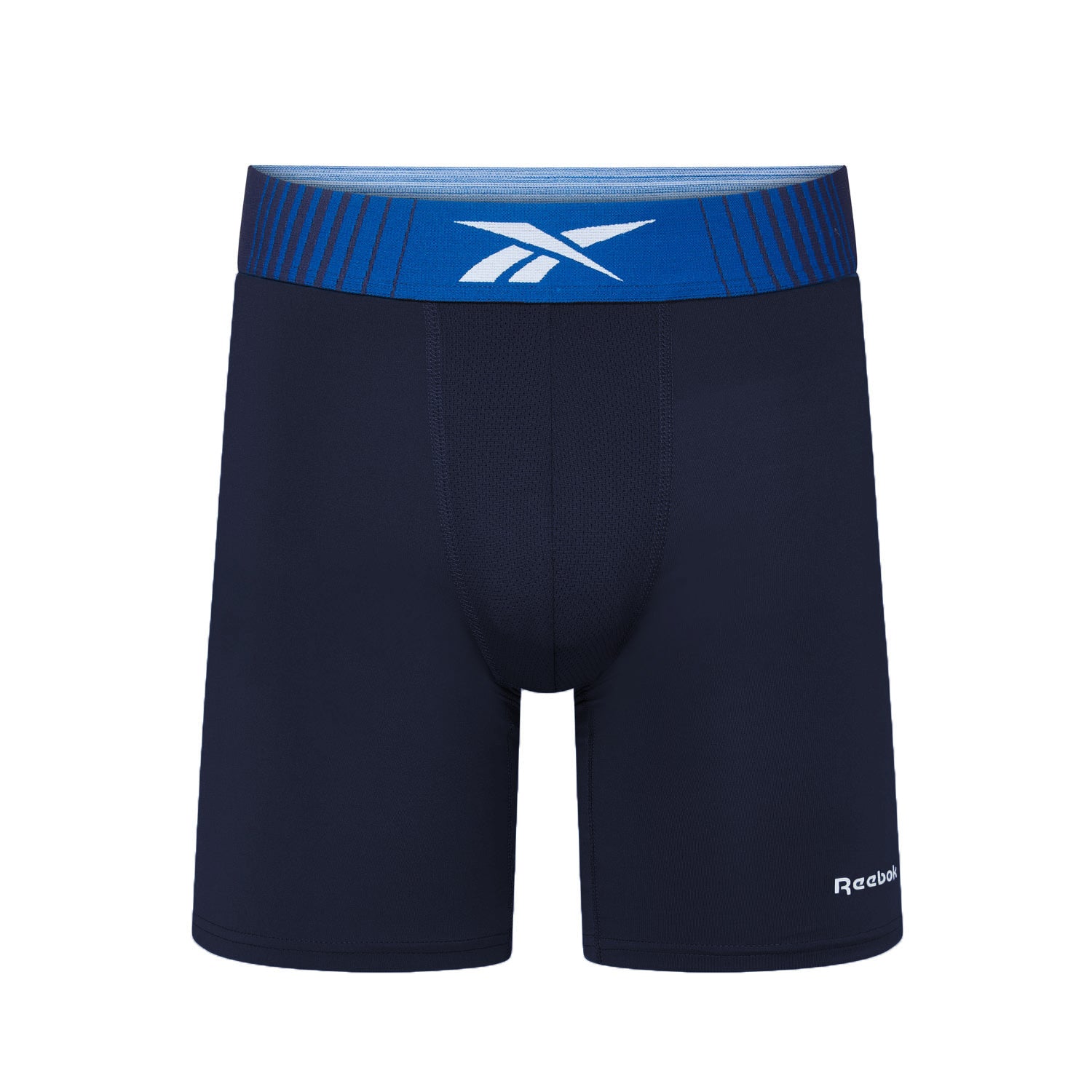 Black athletic shorts with a blue waistband featuring Reebok logo on a white background