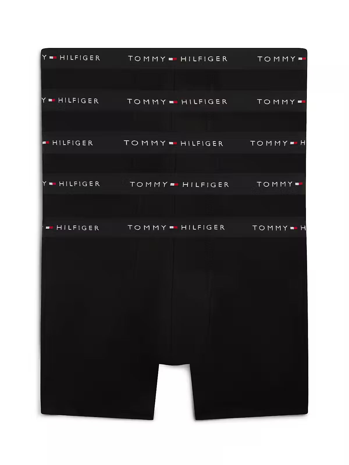 Tommy Hilfiger men’s 5-pack black stretch cotton boxer briefs with waistbands.