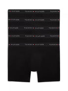 Tommy Hilfiger men’s 5-pack black stretch cotton boxer briefs with waistbands.