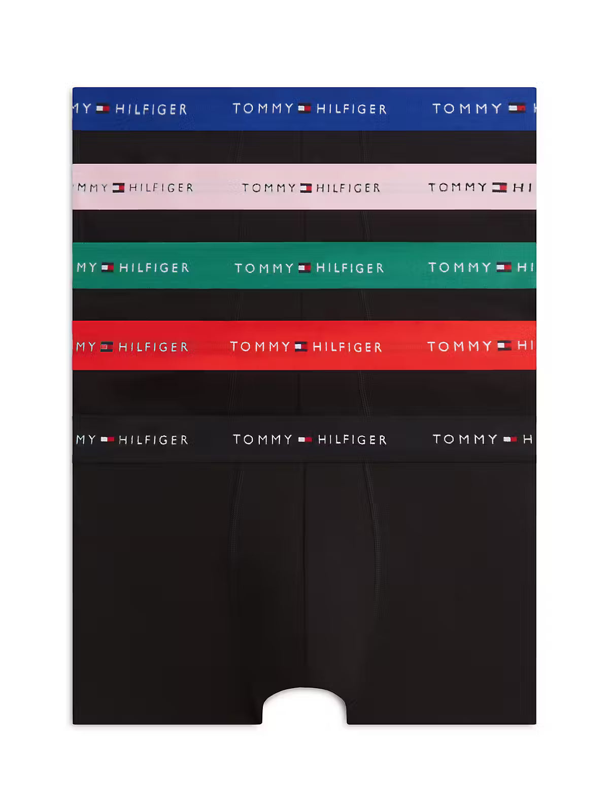 Tommy Hilfiger men’s 5-pack black stretch cotton trunks with assorted signature logo waistbands