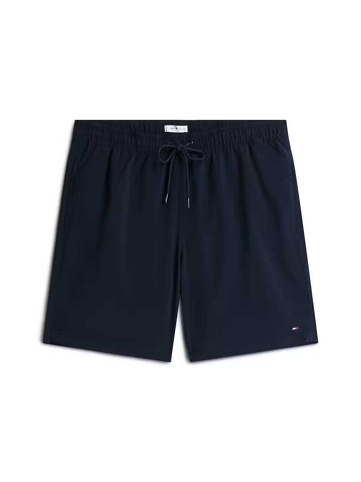 Navy blue drawstring shorts with a small Tommy Hilfiger flag logo on the lower left hem, displayed flat against a white background.