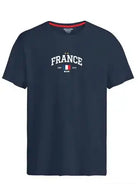 Navy blue t-shirt with 'France' text and flag design on a white background