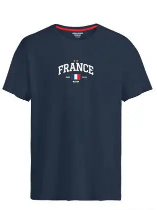 Navy blue t-shirt with 'France' text and flag design on a white background