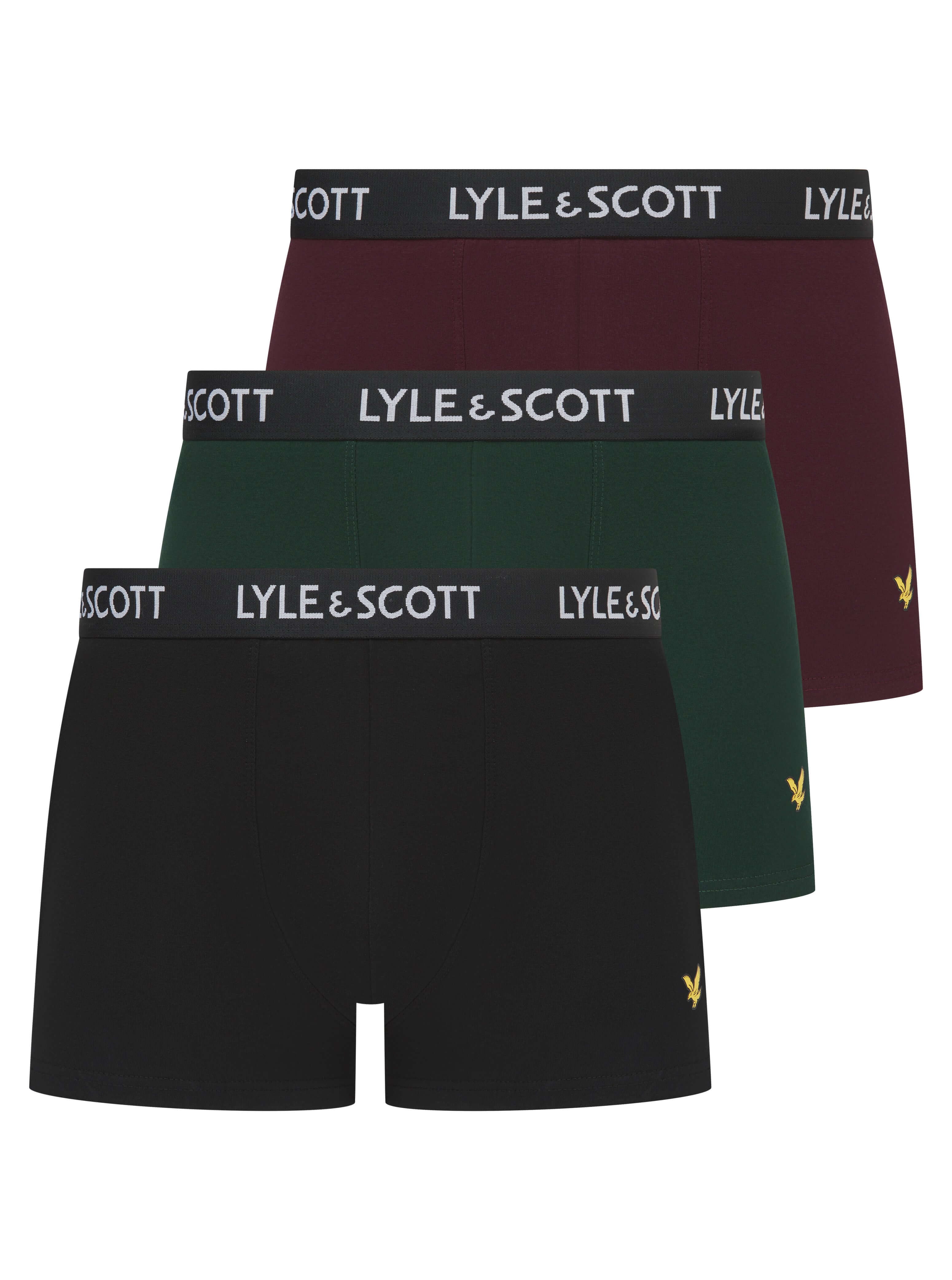 Lyle & Scott Men's 3 Pack Cotton Stretch Trunks - Wine Tasting / Black / Pine Grove